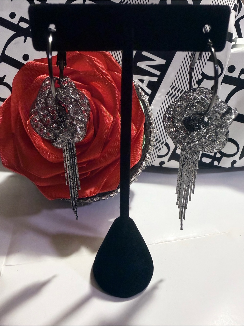 Silver Floral Hoop Earrings with Fringe - Women's Jewelry